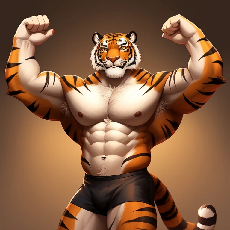 Orange fur,Golden eyes,, Tiger furry, Handsome face,Handsome eyes ,Hairy pectorals, Strong arms,Gorgeous facial features,Beautiful and delicate eyes,Complex fur,Detailed face,Perfect skin texture, Wide shoulders, large pecs, big bicep, Abs, upper legs,Delicate golden eyes,(simplebackground,white backgrounid:1.3),full bodyesbian,(tmasterpiece:1.2),(best qualtiy:1.3),standing on your feet,Black fitness shorts,Bare upper body,frontage,,Painting material,hands raised overhead
