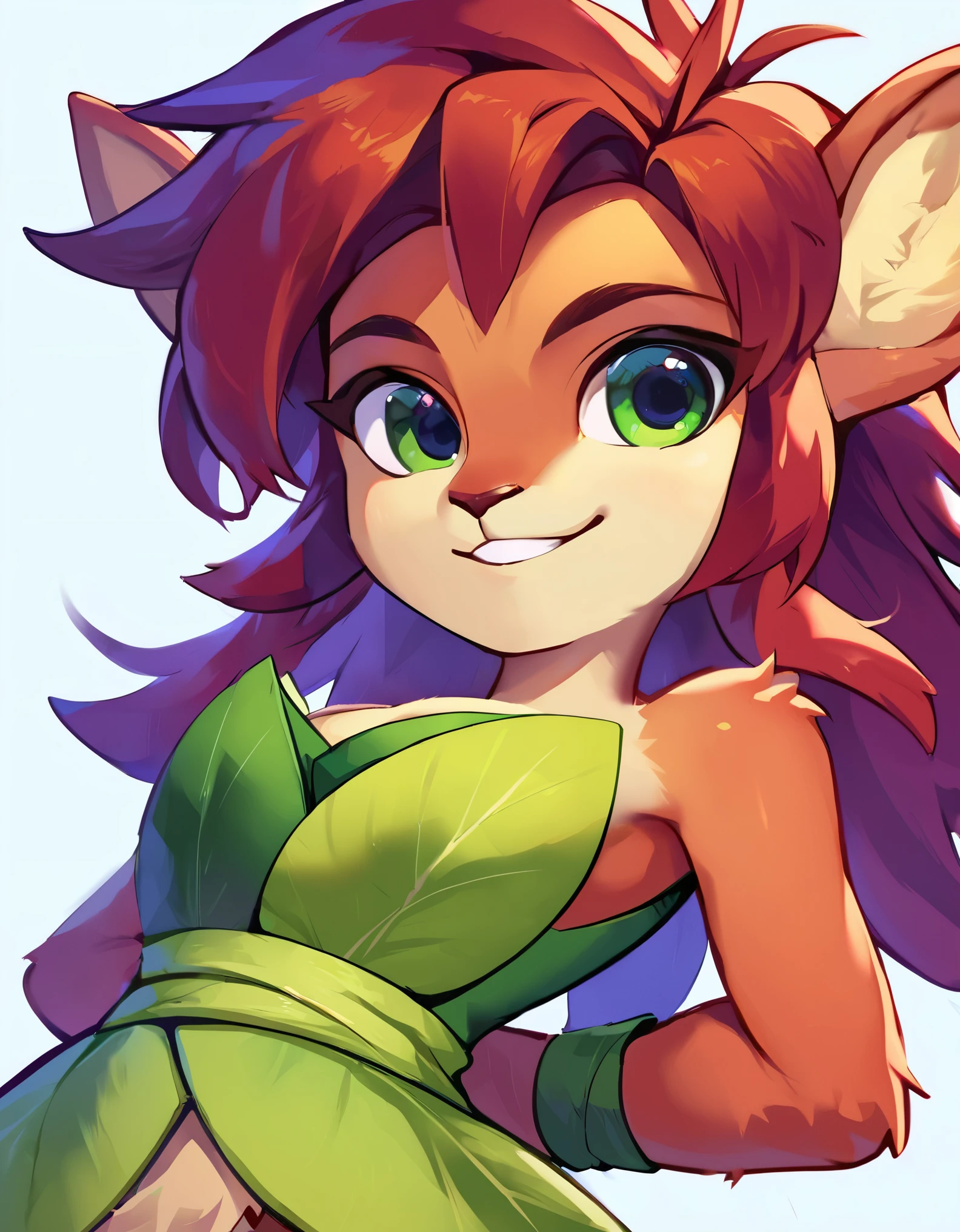 score_9, score_8_up, score_7_up, score_6_up, BREAK, source_anime, 1girl, elora, faun \(spyro\), red hair, mammal, anthro, deer, green eyes, leaf dress, hands behind back, smile, upper body, looking at viewer, solo, simple background, white background