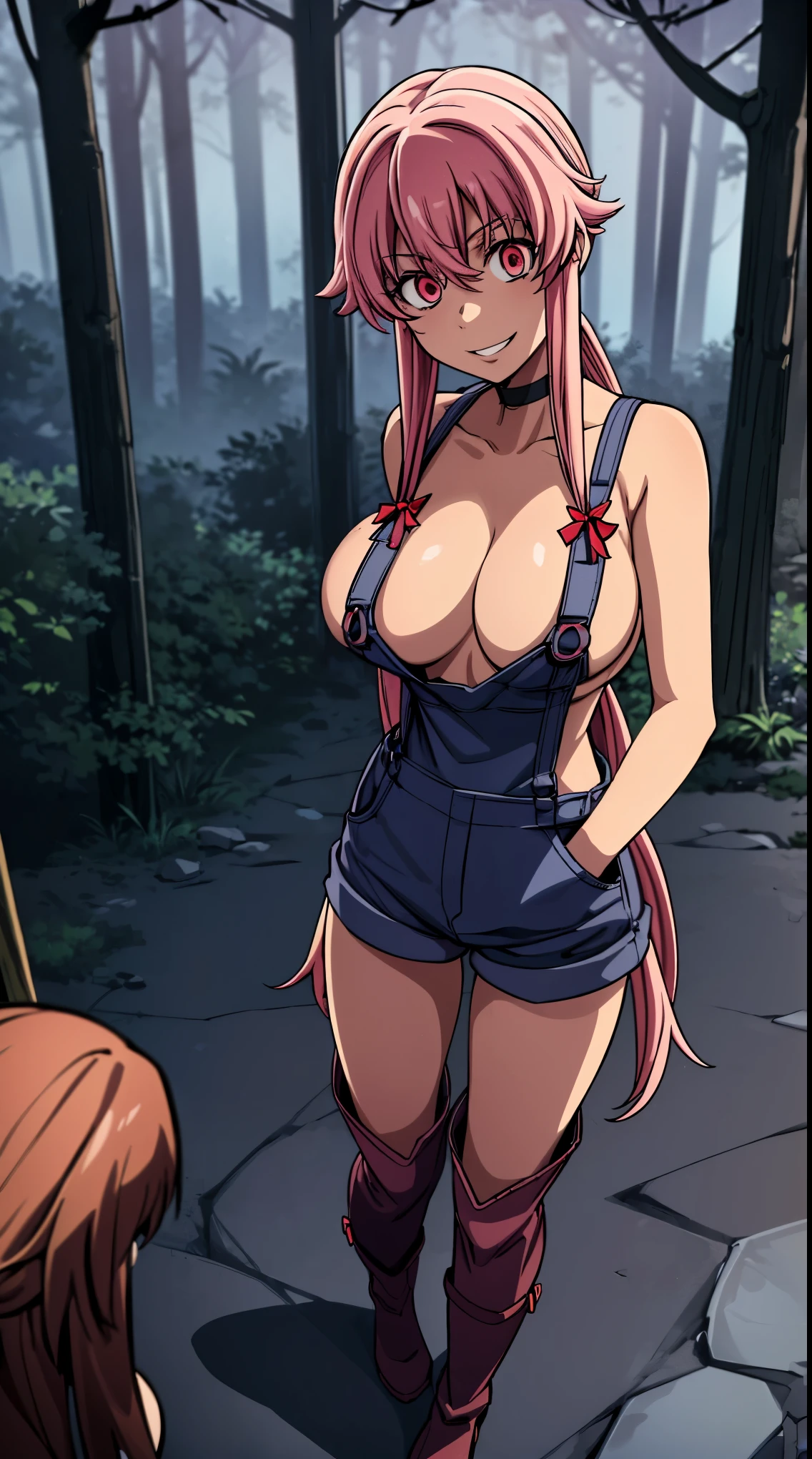 anime_still, masterpiece, best quality, 1girl, Gasai Yuno, long hair, pink hair, low twintails, smile, naked, red eyes, (large breasts:1.5),1girl, black choker, dark grey, (overalls:1.25), leather gloves, black boots, ((nigth:1.5)), (chasing you through the woods BY yuno gasai), moonlight, blood on floor, horror scane, (evil smile:1.4), (evil eyes:1.6), (horror_movies:1.5), (woods:1.6),(dark:1.7), (out_boors), blood on hands,blood stain