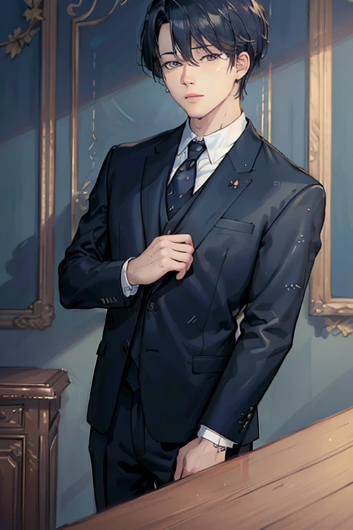 masterpiece, masterpiece_portrait, distinct, distinct_image, high_resolution, highres, high_quality_anime, high_quality, hyper_detail, finely_detailed,4K, men, btsjimin, a man in a suit, navy suit