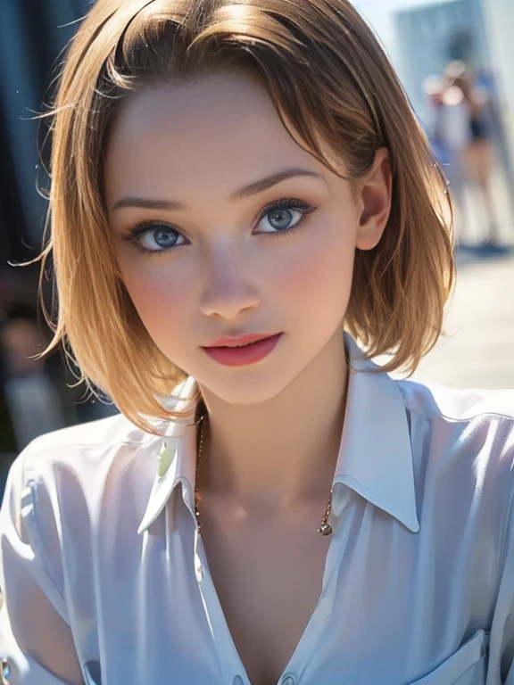 (best quality, 8k, highres, photorealistic:2.0), (solo, one girl:2.0),(photo taken using flash:1.9),(brighten the subject:1.8),(ultimate beautiful girl:2.0),(shiny skin),(oily skin),(blonde hair:1.7),(short hairstyle:1.5),(cool beauty:2.0),Blush brown makeup , dark eye makeup , use pink glossy lipstick,(big beady eyes girl:1.5),(droopy-eyes girl:1.5),(blue eyes:1.5),(thin girl:1.5),(baby face girl),(sex appeal),(sweet smelling girl),(Photographed at the Museum of Modern Art:1.8),(A girl who works part-time at an art museum:1.3),(she works for low wages:1.5),(kind-hearted woman:1.5),(she has a nice smile:1.3),(woman with a happy look:1.3),(she is very sociable),(from a very poor family:1.5),(virgin girl),(She is a secret pervert.),(she covertly lewd),(she looks so erotic),(Preserve virginity for devout Christians),chuuChloe,(A woman with very soft breasts),(woman fantasizing about sex),(allurement),(I love masturbating),(impressive eyes:1.5),(clean girl),(affability),(tight dress shirt),(cute smile)