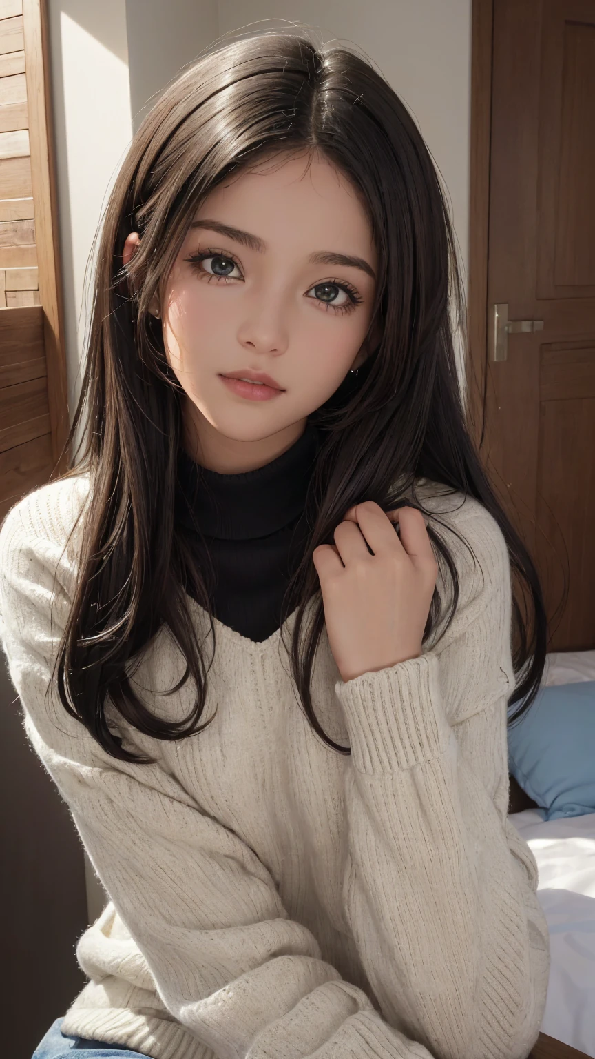 (obra-prima: 1.3), (8k, fotorrealista, foto RAW, melhor qualidade: 1.4), (1girl), rosto lindo, (rosto realista), (cabelo preto, cabelo curto: 1.3), penteado lindo, cabelo partido ao meio, olhos realistas, belos detalhes olhos, (pele realista), pele bonita, (pullover), absurdos, atrativos, ultra high-resolution, ultra realista, altamente detalhado, proportion Aurea, luz de cinema
