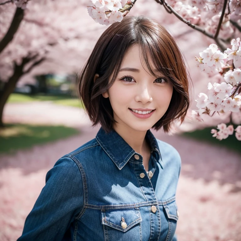 The eyes of a beautiful Japanese woman in her thirties with short hair, wearing a dark blue long-sleeved cotton shirt and jeans pants, smiles from the bottom of her heart as she looks at us in a park at night with cherry blossoms in full bloom. Focal length 100mmf/2.8, spring night, park with no other people, cherry blossoms and lawn in full bloom, profile looking up at the cherry blossoms, well-shaped features, short hair, a natural smile that is different from modeling, toned body, dark blue long sleeves Cotton shirt, jeans pants, close-up of eyes, realistic feeling, 8K image quality, highest quality.