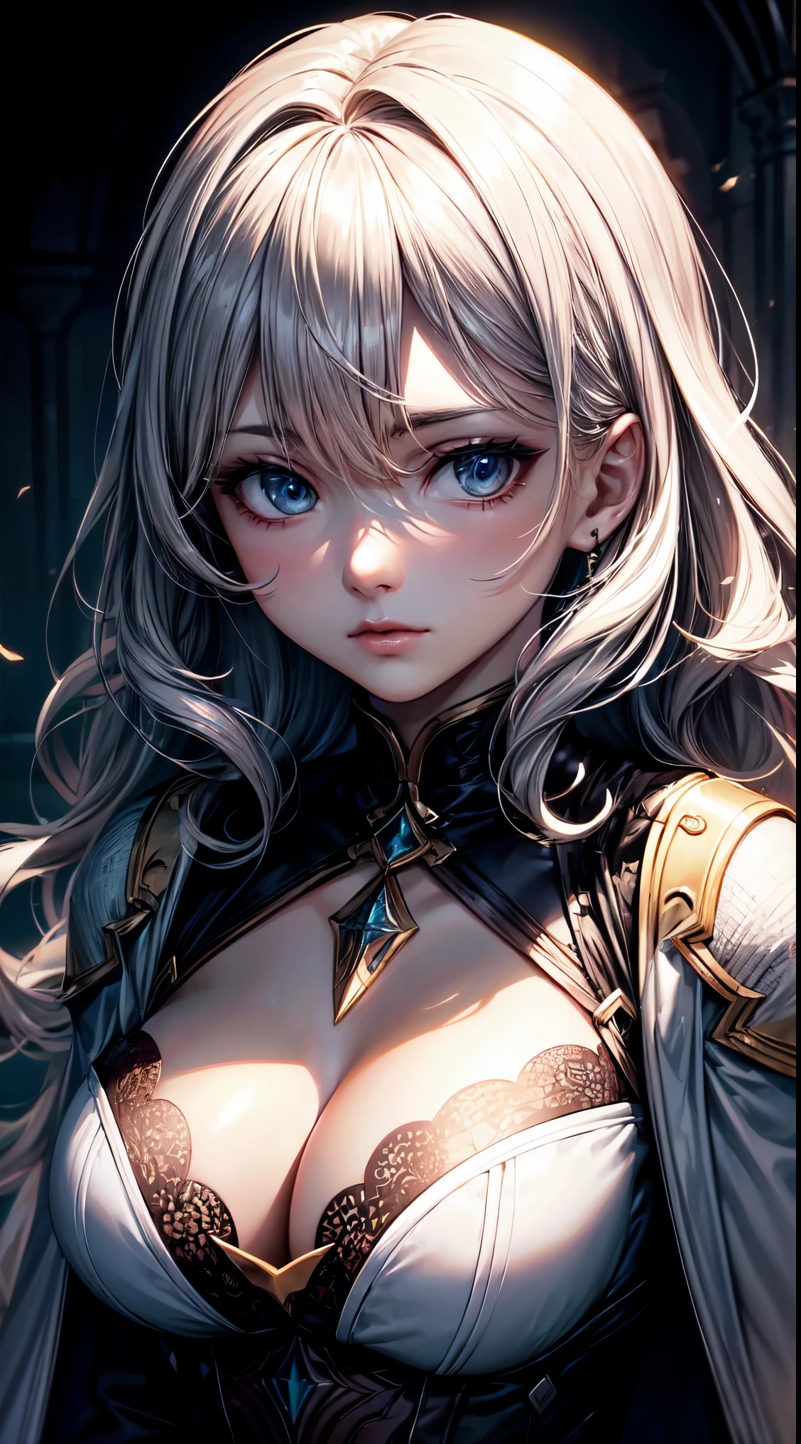 (best quality:1.5, high resolution, UHD, 4k, Detailed lighting, Shaders), white wavy hair, gros seins , veste femme, Long manteau, (lancer), Portrait, fond blanc