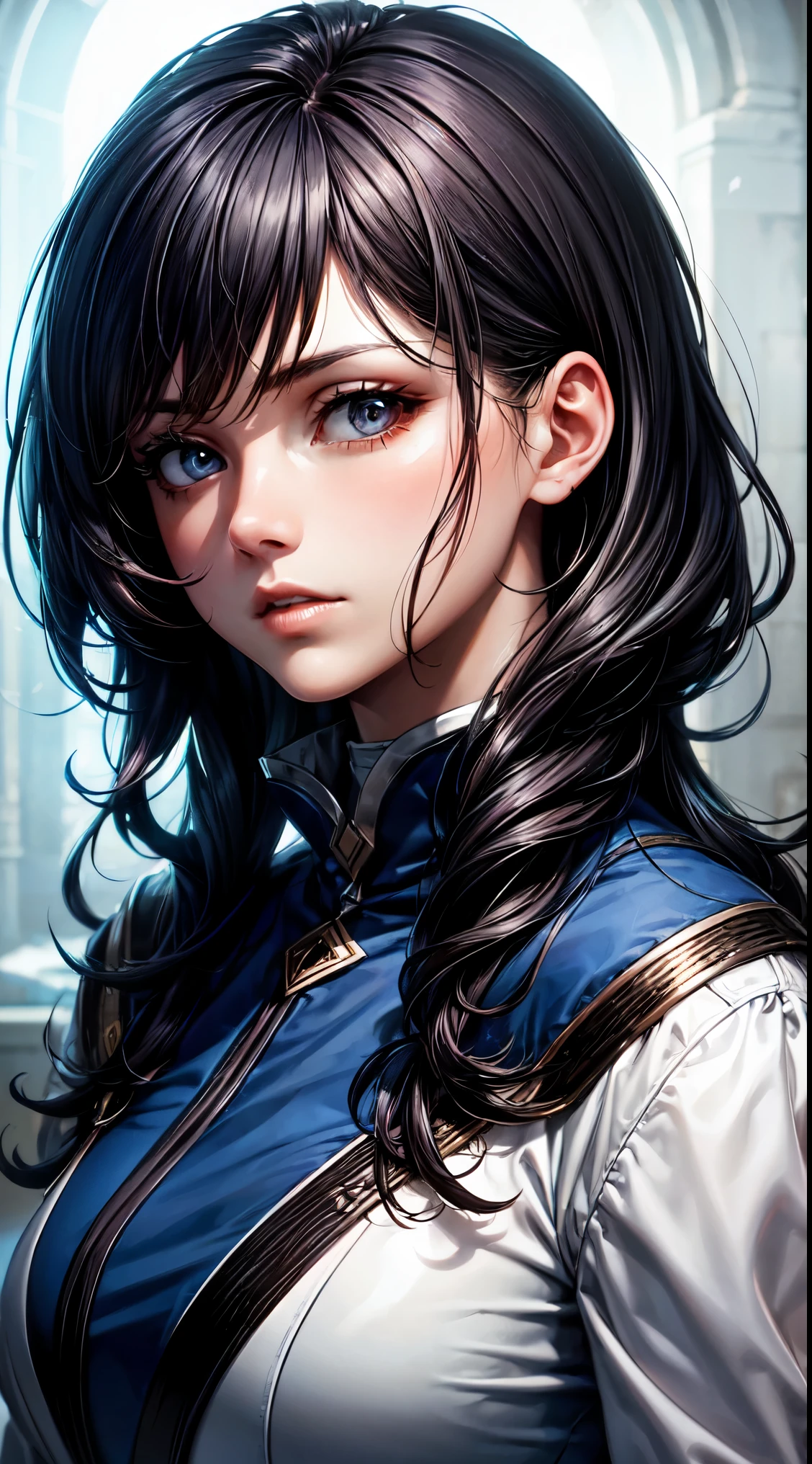 (best quality:1.5, high resolution, UHD, 4k, Detailed lighting, Shaders), wavy black hair, gros seins , veste femme, Long manteau, (lancer), Portrait, fond blanc