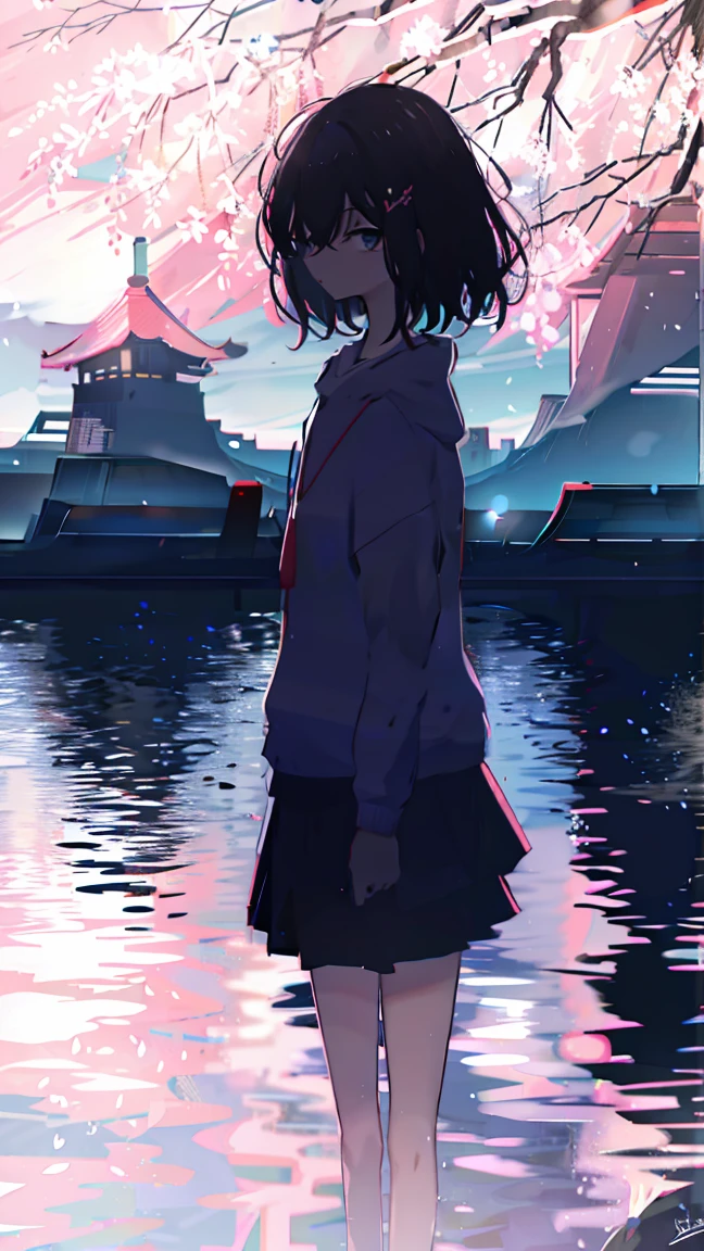 sparrow, black hair girl, wearing a sweater, black skirt, medium hair, headphone, Because I&#39;m slender, teen, serious face, Japanese high school girl. She stands at the shrine,cherry blossoms,cherry blossoms並木,long hair,Bright white skin