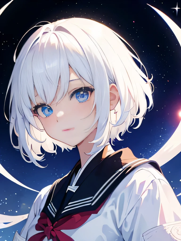 Anime girl ((high quality)), White hair ((high quality)), short hair chanel ((high quality)), blue eyes ((high quality)), background stars and moon ((high quality)), flying in the galaxy ((high quality)), happy expression ((high quality)), japanese school clothes for women ((high quality)).