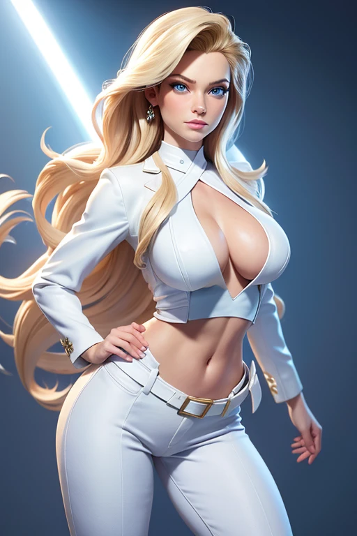 Sam Sorbo as Emma Frost with a  big blue eyes, big breasts, big hips, belt, white cotton open office jacket, white halter top, white cotton office pants, covered navel, cropped legs, cotton, white office suit, long blond hair, front view!, white background, realistic colors, front view, light coming from the right, 8K image quality, Masterpiece