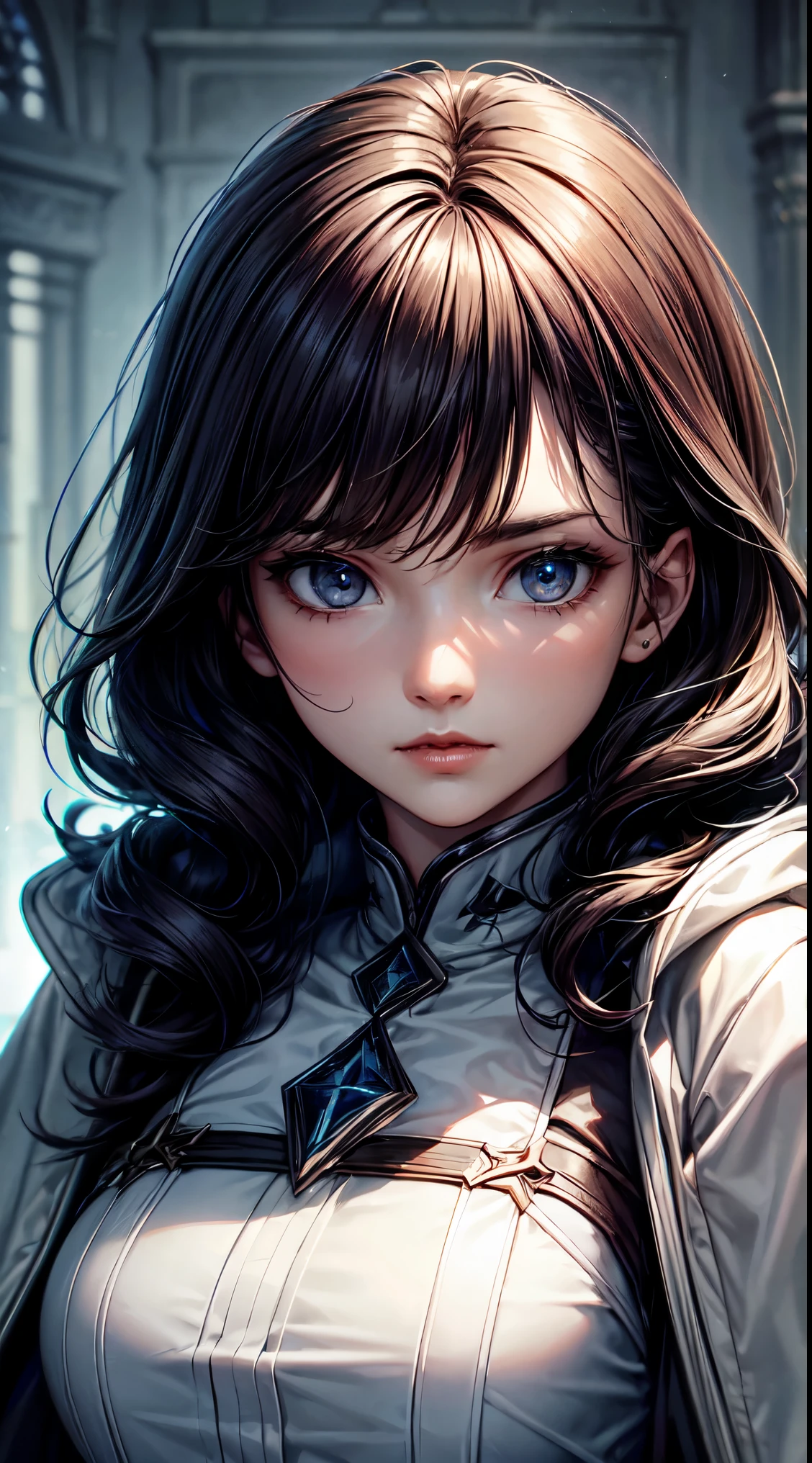 (best quality:1.5, high resolution, UHD, 4k, Detailed lighting, Shaders), wavy black hair, gros seins , veste femme, Long manteau, (lancer), Portrait, fond blanc