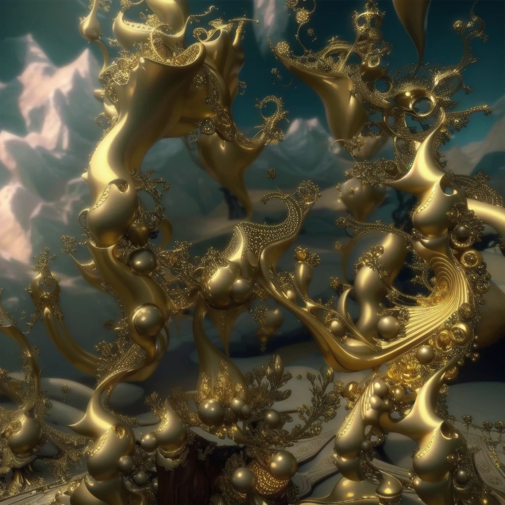 there is a golden sculpture of different shapes and sizes., Golden organic structures, golden fractal details, 1 6 6 7. mandel light bulb 3 d, mandelbulb 3d fractal, 3D light bulb fractal, ornate gilded cosmic machine, fractal baroque, surreal scene, mandelbulb fractal, Golden edges and fractals, 3D light bulb, Golden clouds