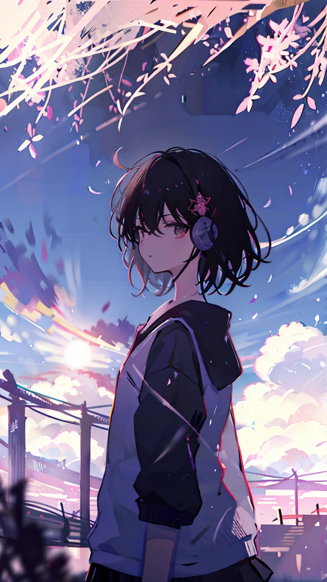 sparrow, black hair girl, wearing a sweater, black skirt, medium hair, headphone, Because I&#39;m slender, teen, serious face, Japanese high school girl. She stands at the shrine,cherry blossoms,cherry blossoms並木,long hair,Bright white skin,long hair