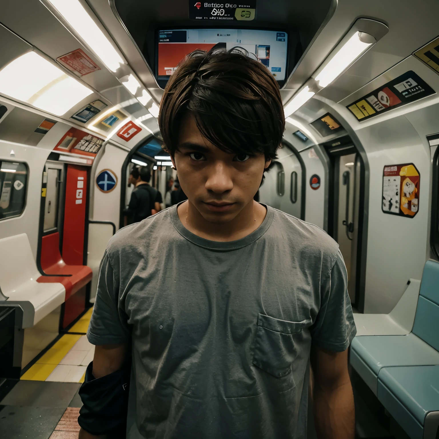 Cria uma imagem de um homem dentro de um metro cheio de personagens de jogos e anime 