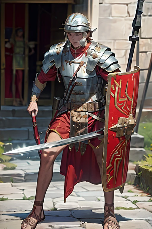 wearing loriseg armor
wearing loriseg armor and helmet
red tunic, red shirt
sandals
shield, spear, sword (read notes)