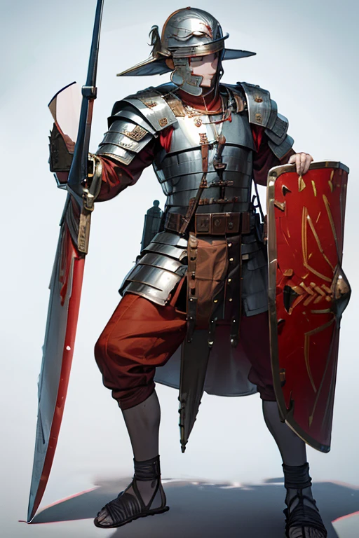 wearing loriseg armor
wearing loriseg armor and helmet
red tunic, red shirt
sandals
shield, spear, sword (read notes)