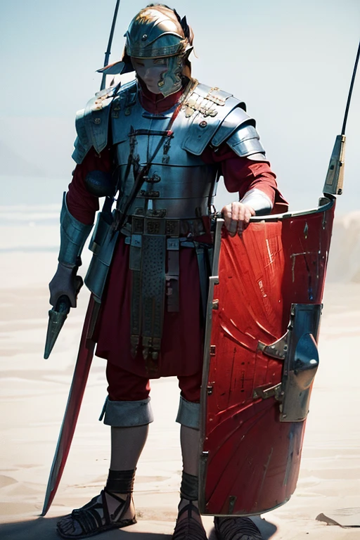 wearing loriseg armor
wearing loriseg armor and helmet
red tunic, red shirt
sandals
shield, spear, sword (read notes)