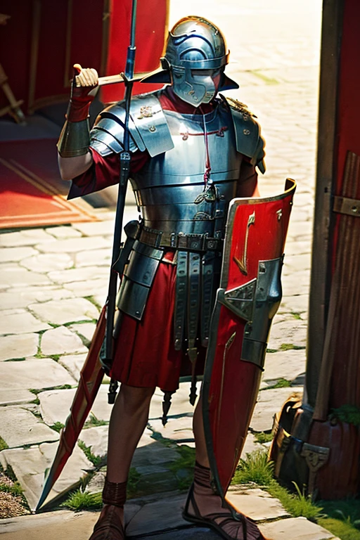 wearing loriseg armor
wearing loriseg armor and helmet
red tunic, red shirt
sandals
shield, spear, sword (read notes)