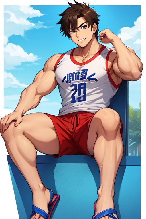 20 year old male bodybuilder anime character wearing flip flops, short, camiseta sin mangas deportiva con mirada sugestiva
