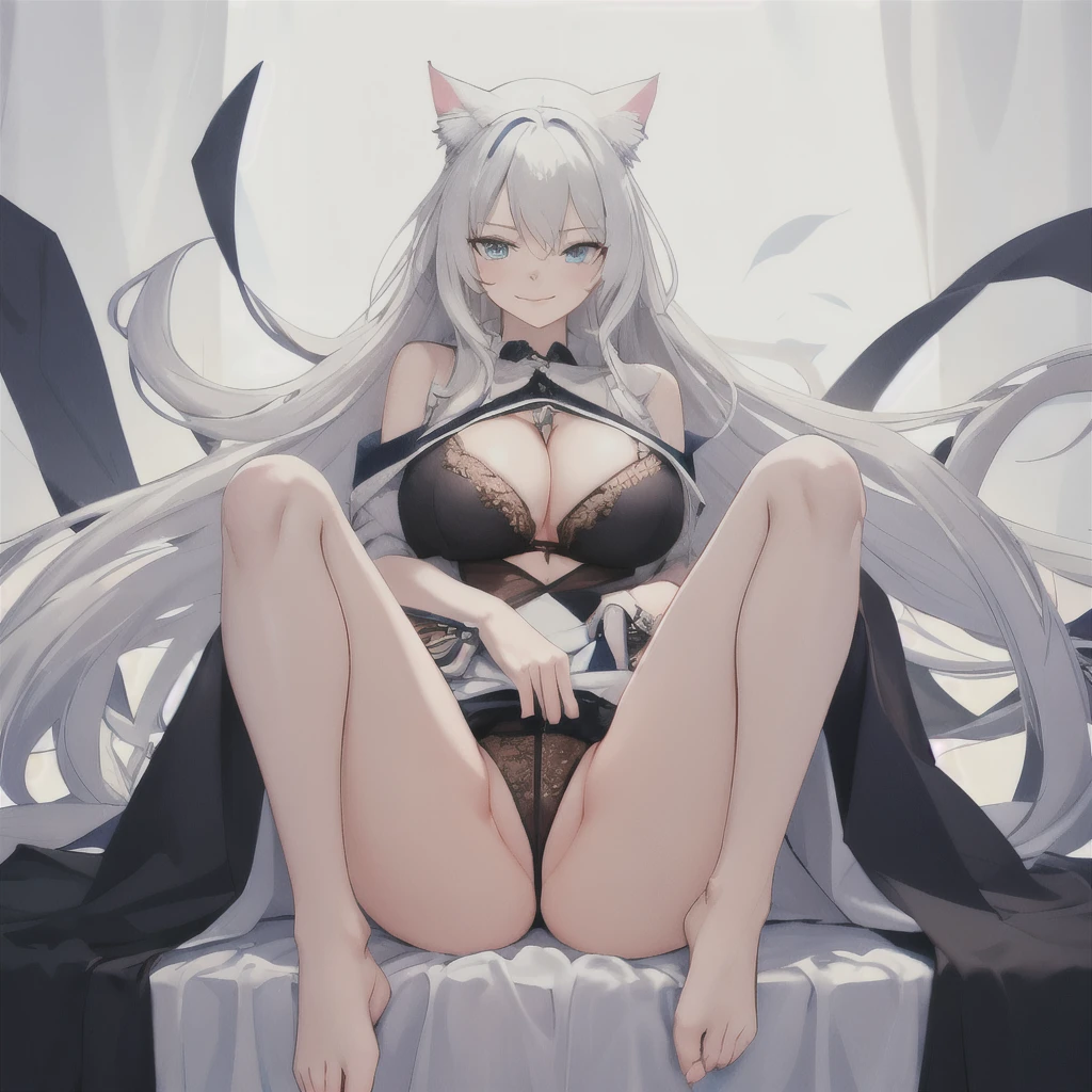 best quality, masterpiece, best quality, highres, detailed, 1girl, solo, very long hair, cleavage, smirk, fang, large breasts, blue eyes, white hair, cat ears, cat girl, slit pupils, alternate breast size, portrait, dim lighting, no underpants，Revelation，legs separated， Lateral exposure of the chest， revealing the chest， scratches， Opening the vagina, no shoes，Stand barefoot, Vaginal opening is open