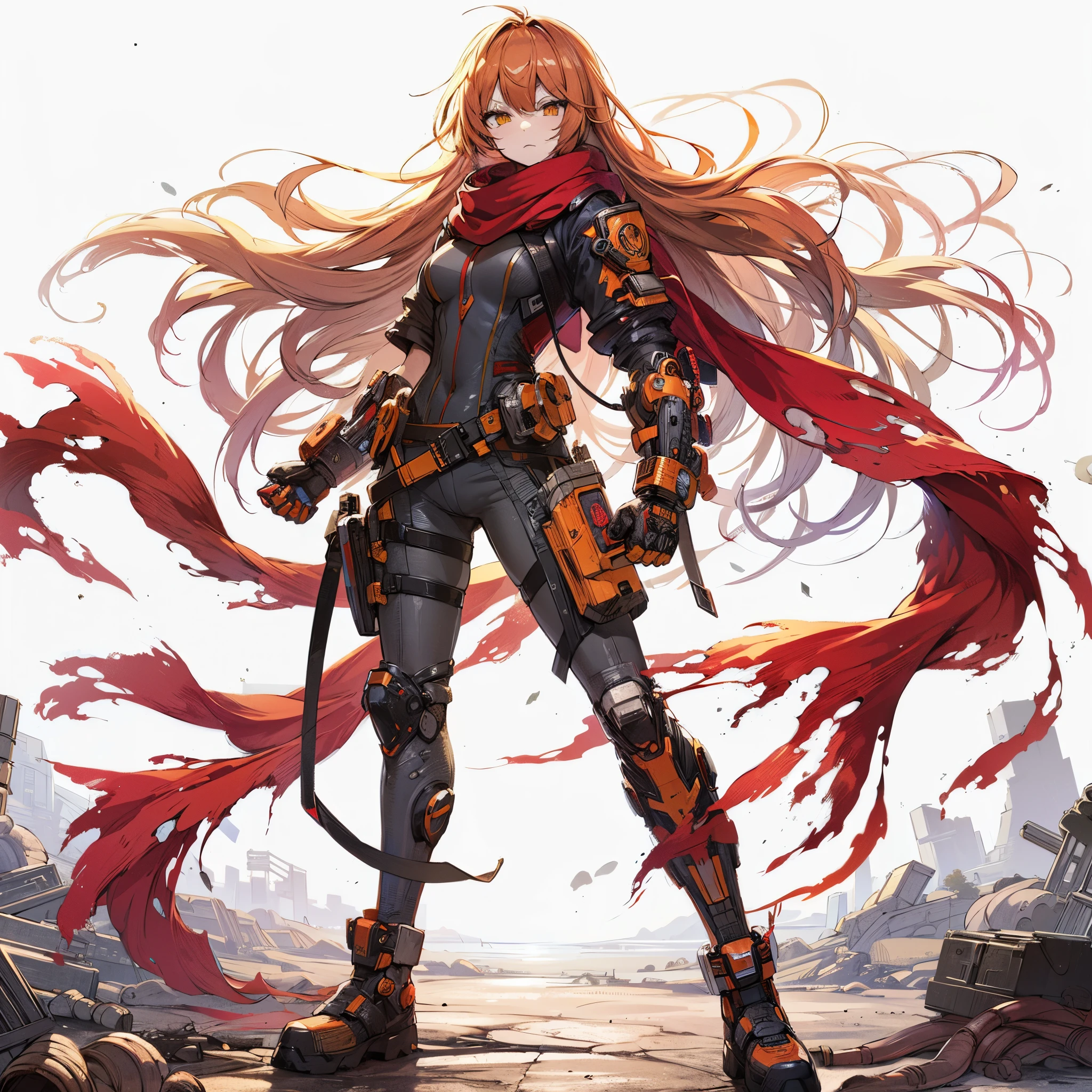 (masterpiece, Best Quality), ultra-detailer, Anime style, Full body, Solo, Cyberpunk Karate Girl, Hero costume and torn red scarf, orange long hair and yellow eyes, high-tech gauntlets and boots, Standing in the wasteland, Digital Painting, 8K High Resolution, Art Station Trend, White background, Whole body,
