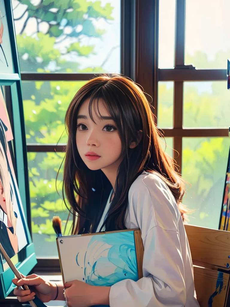 anime girl with a brush and a painting board in front of a window, painted in anime painter studio, realistic cute girl drawing, beautiful anime portrait, anime. soft lighting, detailed painting 4k, anime realism style, realistic anime artstyle, Gwaites style artwork, realistic anime art style, made with anime painter studio, portrait anime girl