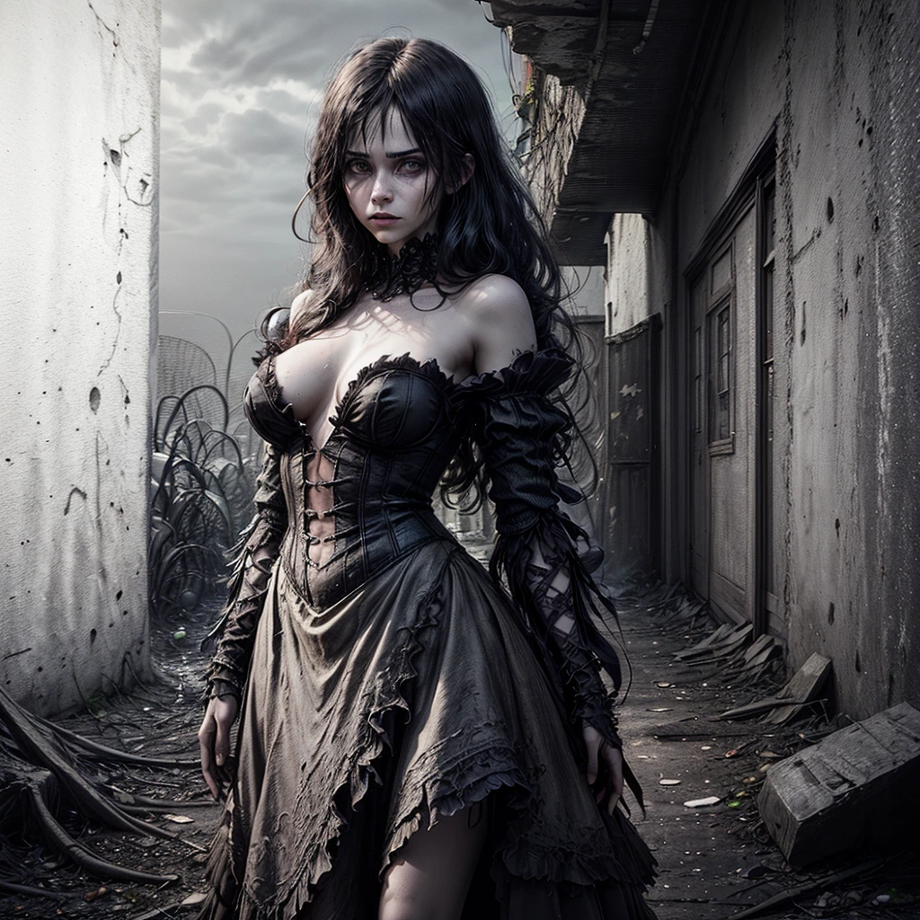 (torso of a young woman), (best quality,4k,8k,highres,masterpiece:1.2),ultra-detailed,(realistic,photorealistic,photo-realistic:1.37),dark fantasy,street scene,unfamiliar environment,detailed buildings,ominous atmosphere,mysterious creatures,horrifying presence,unsettling,shadowy figures,intense darkness,young girl,long hair,innocent face,vulnerable position,hopeless situation,distressed expression,starry sky,dimly lit street lamps,dark colors,overgrown plants,quirky architecture,strange symbols,haunting shadows,abandoned feel,loneliness,magic in the air,creepy atmosphere,enchanted surroundings,gothic elements,otherworldly aura,dramatic composition,contrasting light and shadow,foreboding,uncertainty, bright weather, sunny day, brigth ambiences, light everywhere, nsfw, exposed woman, naked woman, nude 
