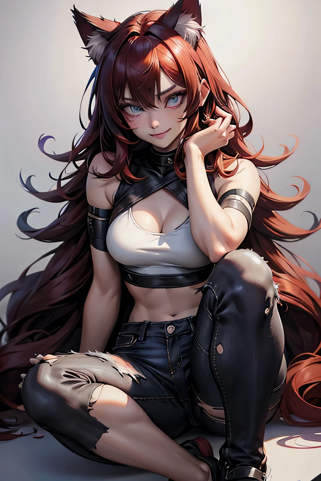 1girl,woman,mature_woman, very pale, solo, smile, multiple_color eyes, rainbow eyes, two_colored_eyes, purple eyes, heterochromia_iridum, heterochromia, multi_colour_eyes, bi-colored_eyes rainbow eyes, sitting, cat_eyes, cat_tail, brown hair, huge SIDEBURNS, cat ears, midriff, pants, torn clothes, fangs, denim, claws, torn pants, sharp toenails, smile, very messy_hair, morning_hair, small eyes, red color inner hair, body hair, poor, eye bags, dark circles eyes, hard dark circles eyes, very dark circles eyes ((very dark circles eyes)), hair with red highlights, hair with red tips, Scars,cat_fur,body_fur,body_hair