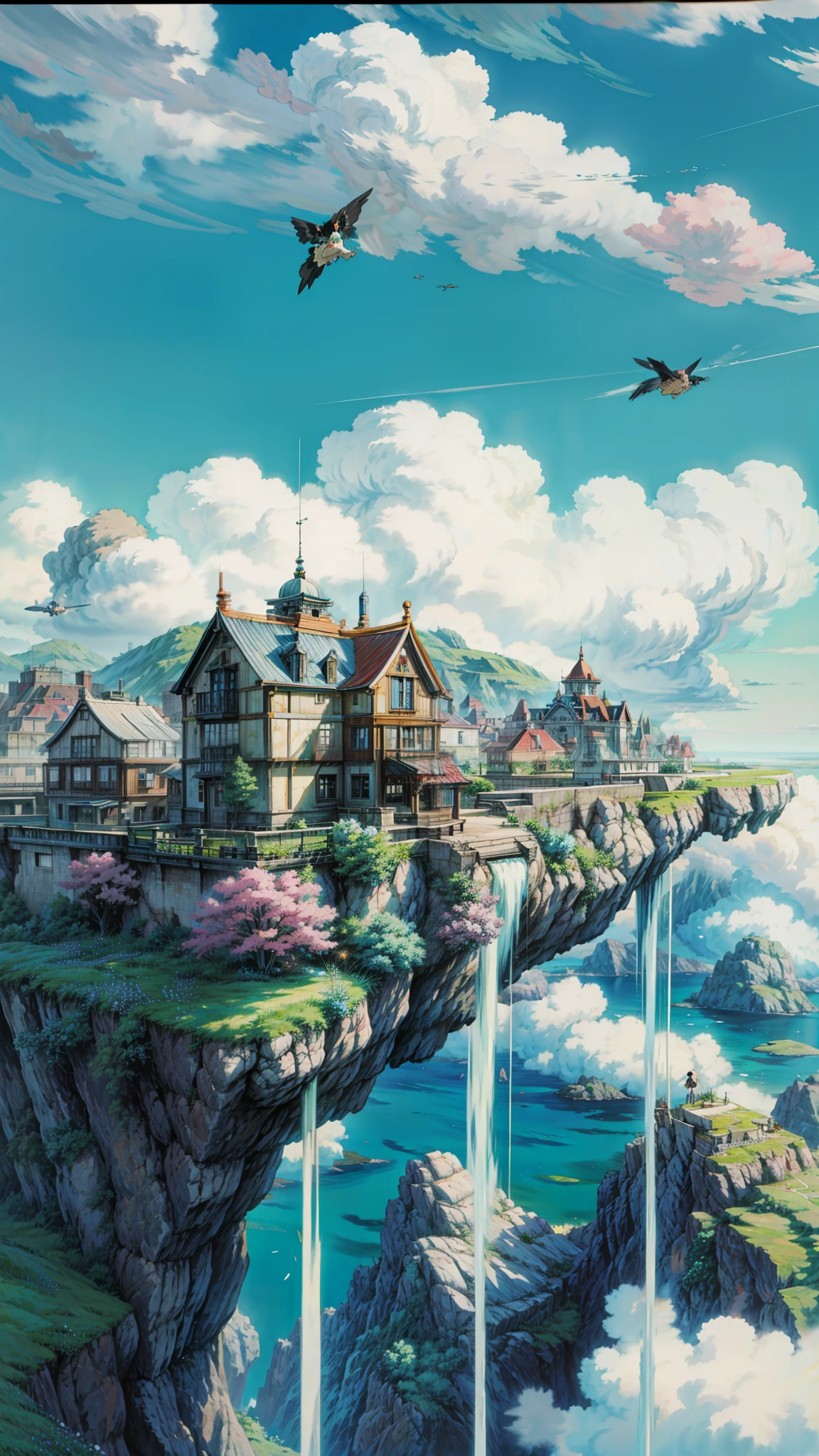 a painting of a building in the clouds, flying building in the sky, de janeiro in an anime film, saturated, greenery, flowers, Meadows, sky island, building in the sky, house in the sky style, style of hayao miyazaki, cinematic studio ghibli still, flying cloud house, beautifull puffy clouds. anime, anime vfx, 2. 5 d cgi anime fantasy artwork, dreamy psychedelic anime, anime background art