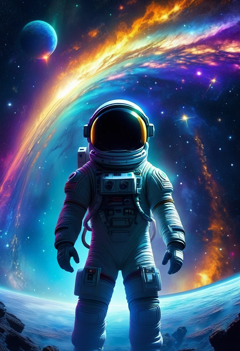 Astronaut lost in gigantic space, em qualidade 4k efeitos Pixar da Disney, costume of radiant shadows and intense star mists that reflects the unknown.