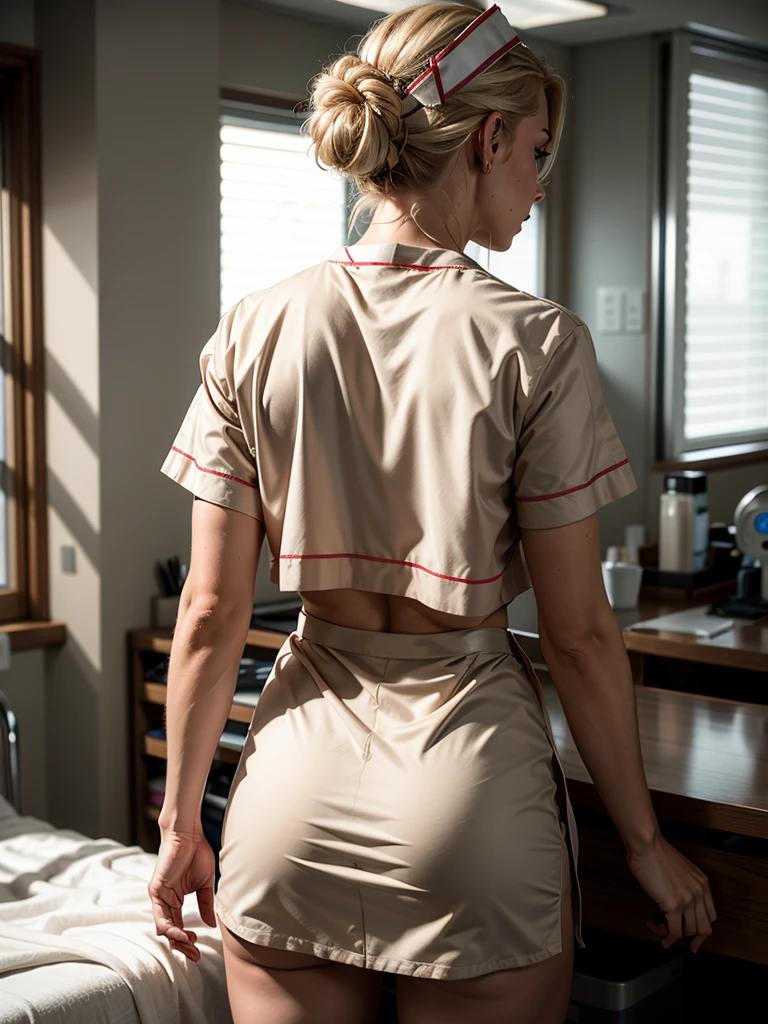 beautiful female, blonde braid, partially nurse shirt, cleavage, white and red nurse skirt, white thighhighs, sultry look, i freckles, round butt, tiny waist, view from behind