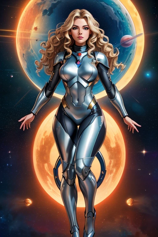 best quality, masterpiece, woman space super hero, beautiful face,full body,hi-tech armour over silver latex suit, long curly blonde hair,floating in deep space, with several planets and suns in the background
