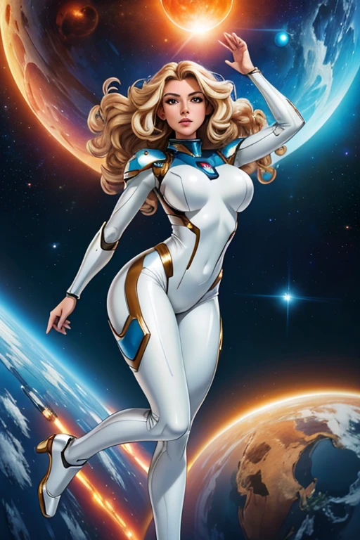 best quality, masterpiece, woman space super hero, beautiful face,full body,hi-tech armour over silver latex suit, long curly blonde hair,floating in deep space, with several planets and suns in the background
