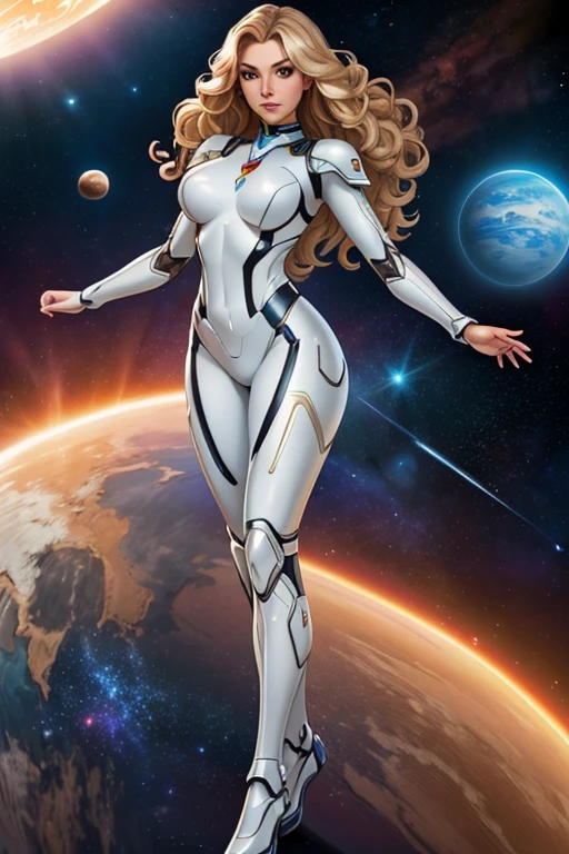 best quality, masterpiece, woman space super hero, beautiful face,full body,hi-tech armour over silver latex suit, long curly blonde hair,floating in deep space, with several planets and suns in the background