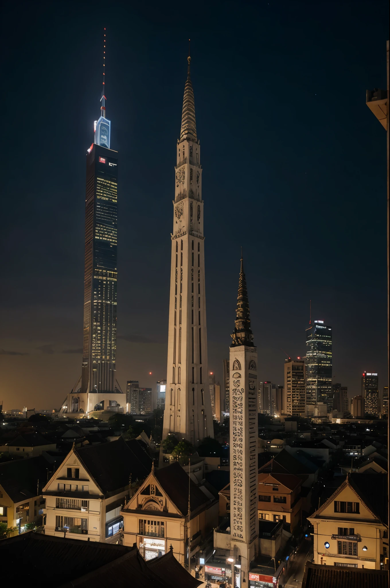 Realistic historical cityscape with the addition of "Suro and Boyo" symbols representing Surabaya, featuring the iconic Heroes Monument in the background. in night scene