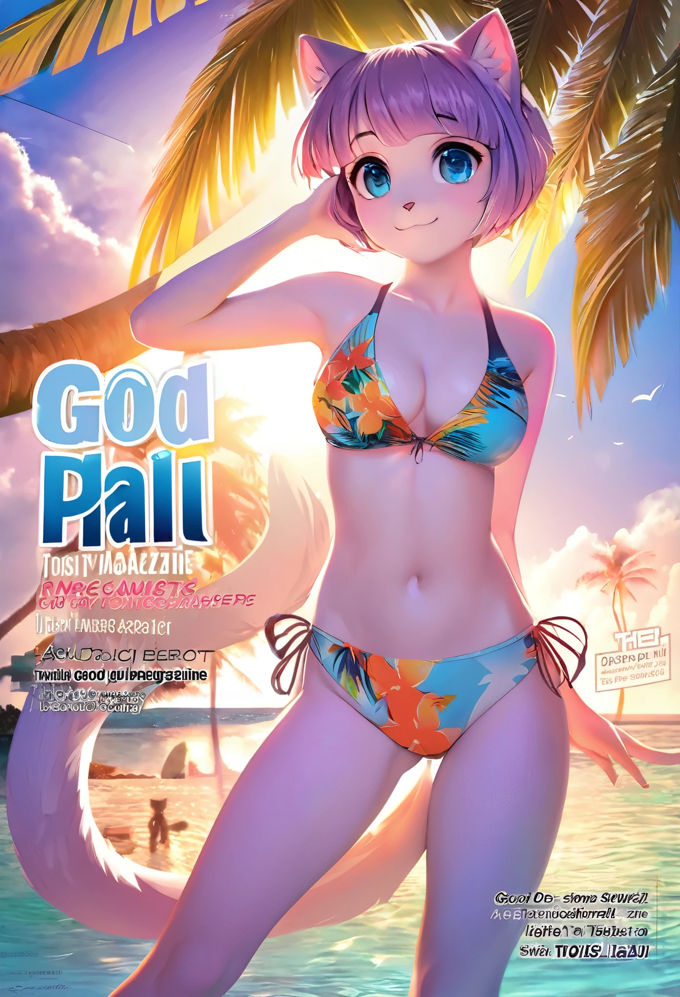 cover page, Hawaii's tourist magazine, highres, top quality, best quality, paid reward available, unparalleled masterpiece, perfect artwork, absurdres(angelic cute 1girl, cat girl)perfect anatomy, The best pose as a subject, seashore, Palm tree, Swim suit, pareu, twilight, concept, camera angle, good lighting,