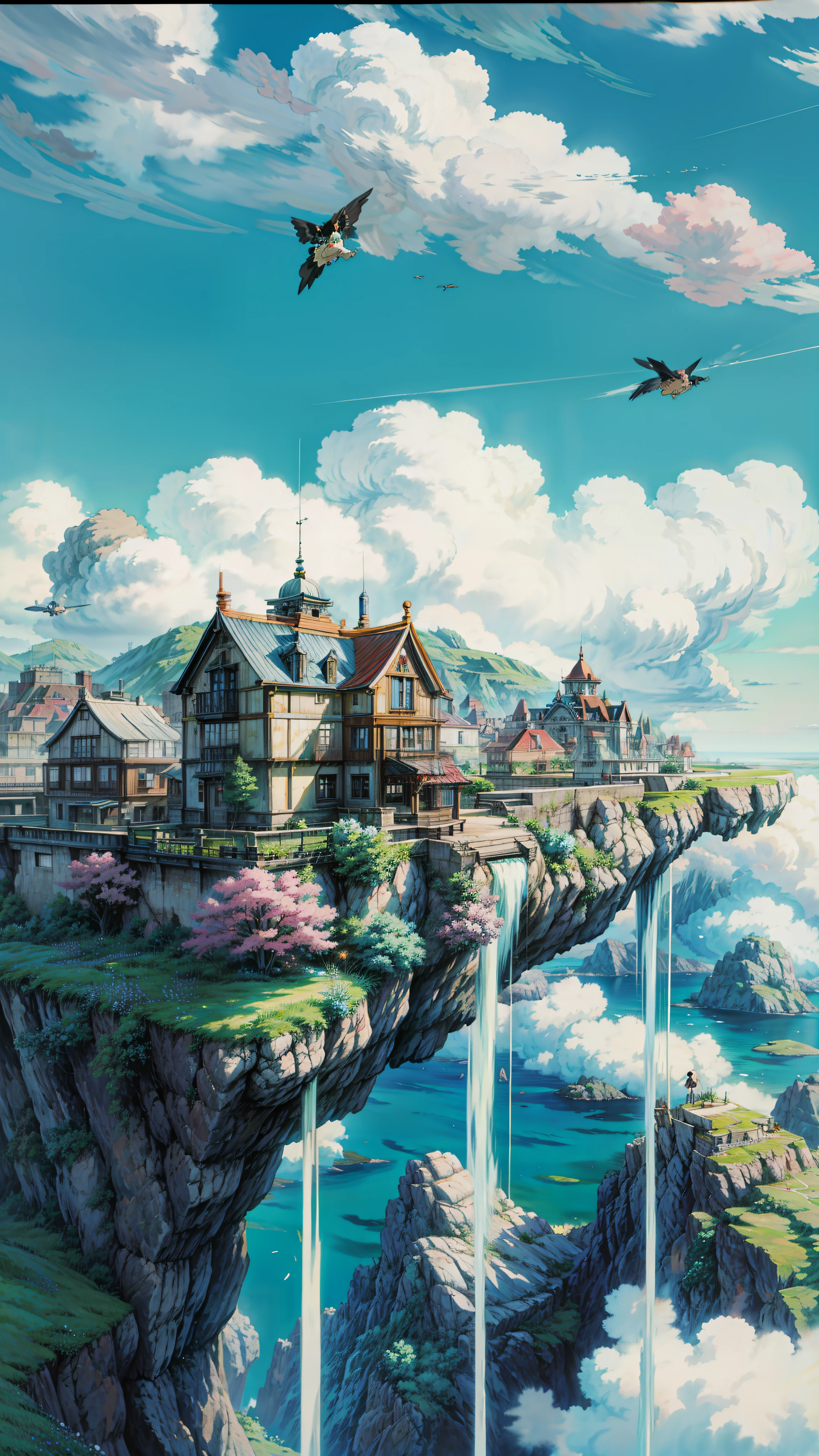 a painting of a building in the clouds, flying building in the sky, de janeiro in an anime film, saturated, greenery, flowers, Meadows, sky island, building in the sky, house in the sky style, style of hayao miyazaki, cinematic studio ghibli still, flying cloud house, beautifull puffy clouds. anime, anime vfx, 2. 5 d cgi anime fantasy artwork, dreamy psychedelic anime, anime background art