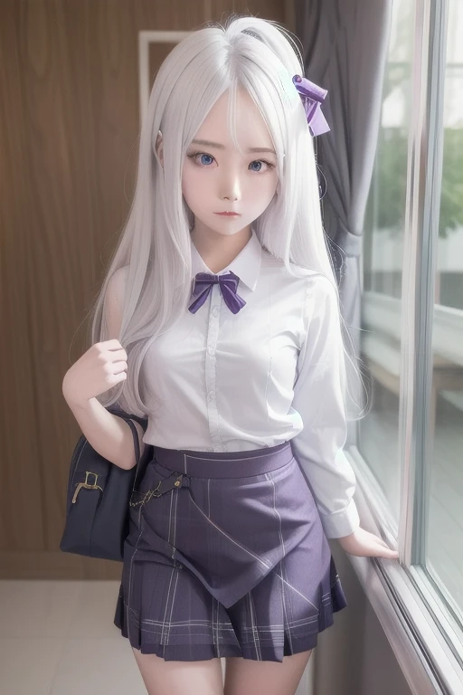 1Girl, hina sorasaki, white hair, purple eyes, forehead,l, narrow waist, pov, student uniform, cute Asian, pale skin