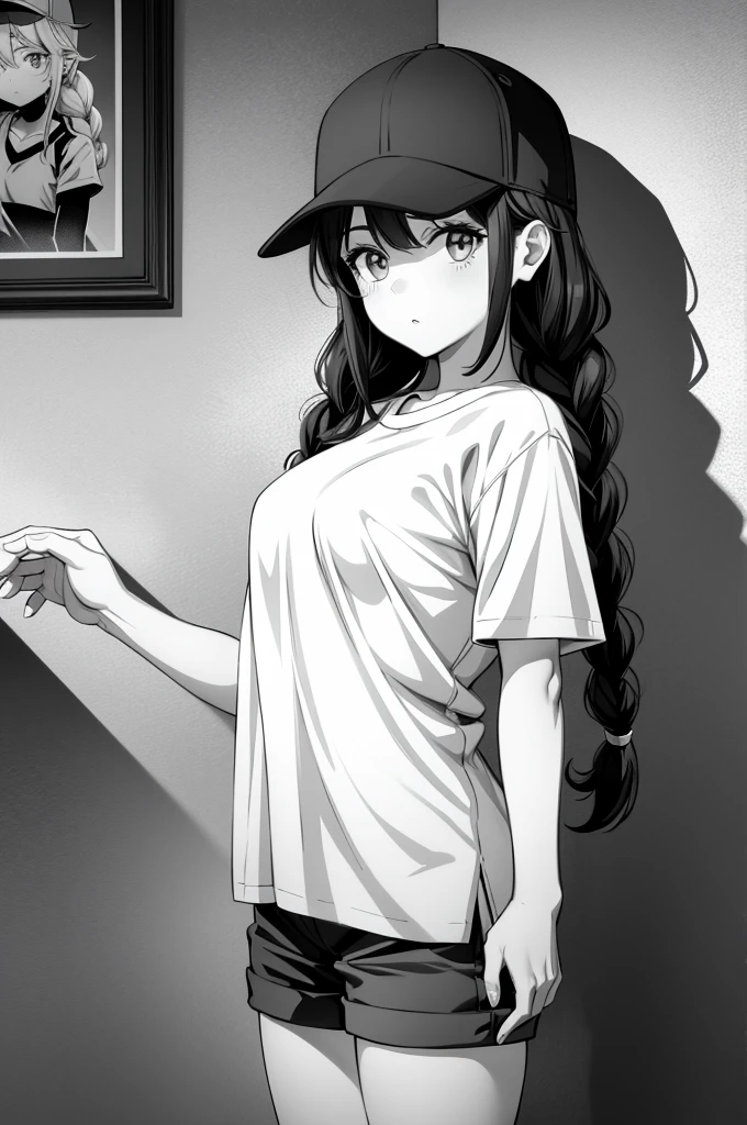 an image a woman in shorts next to a drawing of her wearing a hat, 1girl, hat, shorts, monochrome, twin braids, braid, shirt tucked in, baseball cap, shirt, looking at viewer, greyscale, long hair, solo, short sleeves, shadow