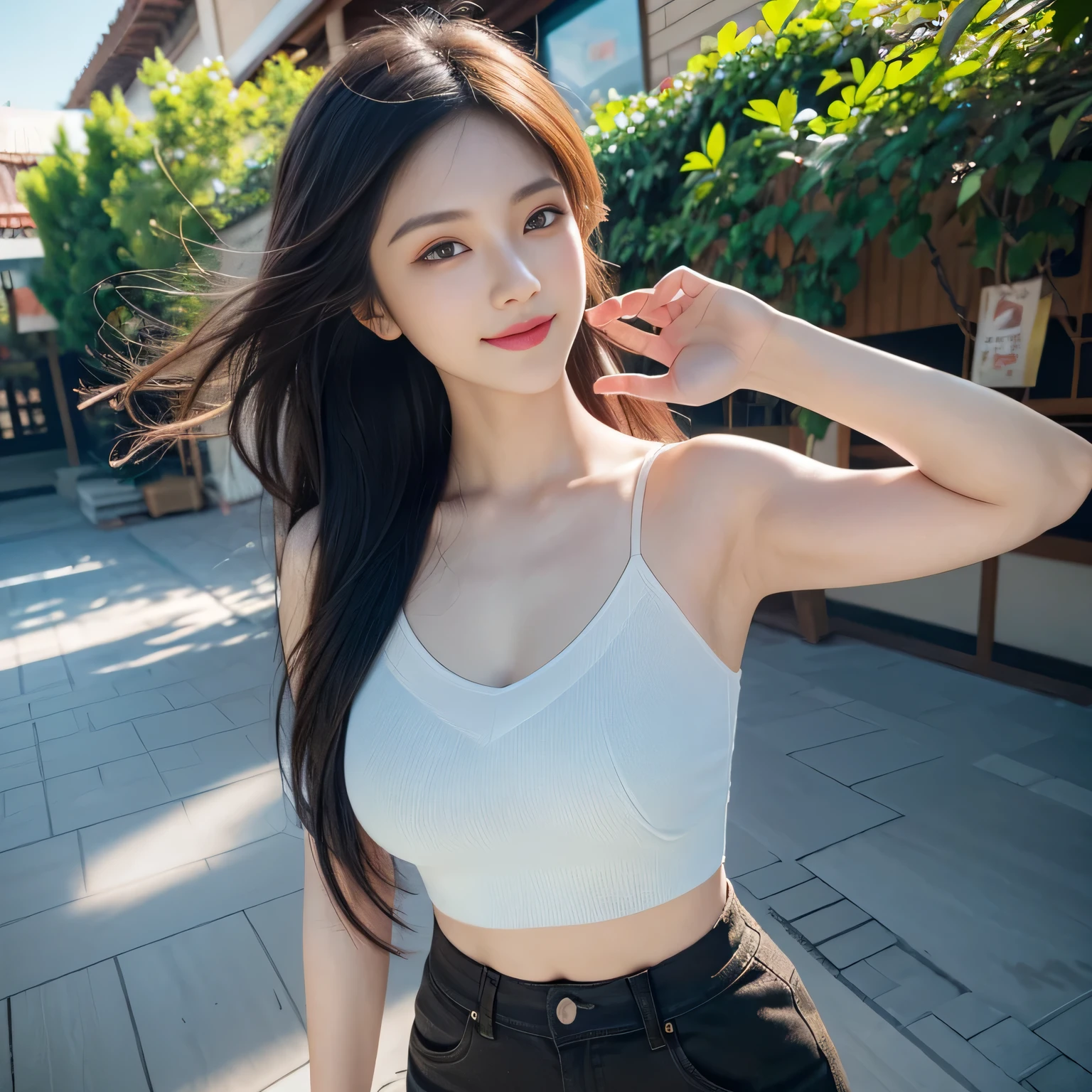 beautiful girl, 1girl,korean Female Model, dynamic poses, ((smile)), (Asian Casual Wear), Long hair,black eyes,abdominal muscles,plumpy body, sfw, (medium breast:1.3), Morning sunshine,Eyes on the audience, ((dynamicposes)),((dynamicbackground)), ((face details)),Double eyelids, reeds, realistic, masterpiece, highest quality, lens flare, cashal style, shade, city walk, [[chromatic aberration]], by Jeremy Lipking, by Antonio J. Manzanedo, digital painting, HDR, high contrast
