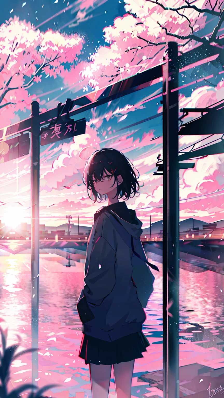 sparrow, black hair girl, wearing a sweater, black skirt, medium hair, headphone, Because I&#39;m slender, teen, serious face, Japanese high school girl. She stands at the shrine,cherry blossoms,cherry blossoms並木,long hair,Bright white skin,long hair