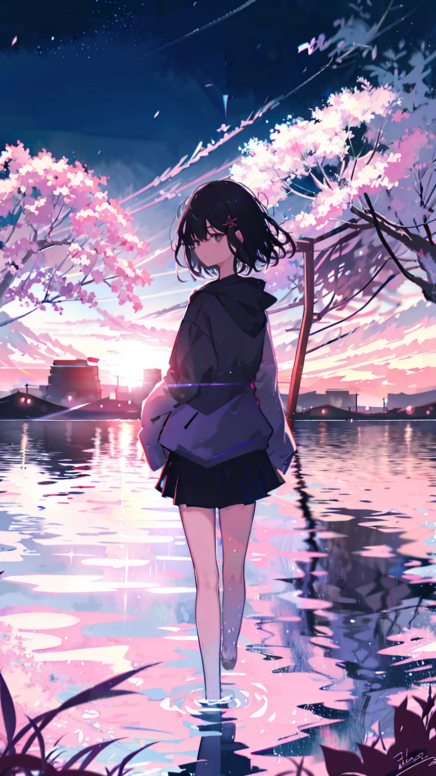 sparrow, black hair girl, wearing a sweater, black skirt, medium hair, headphone, Because I&#39;m slender, teen, serious face, Japanese high school girl. She stands at the shrine,cherry blossoms,cherry blossoms並木,long hair,Bright white skin,long hair