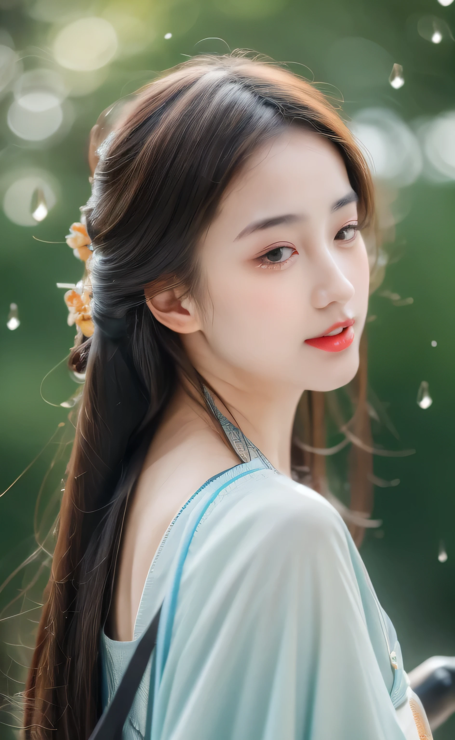((best quality, 8K, masterpiece: 1.3)), focus: 1.2, perfect body beautiful: 1.4, buttocks: 1.2, ((layered hairstyle)), (wet clothes: 1.1), (rain, street:1.3), (breast: 1.2), (hanfu: 1.2), bare shoulders, bare legs, Highly detailed facial and skin textures, narrow eyes, double eyelids, skin whitens, long hair, (shut up: 1.5), (bokeh background: 1.5), Big breast