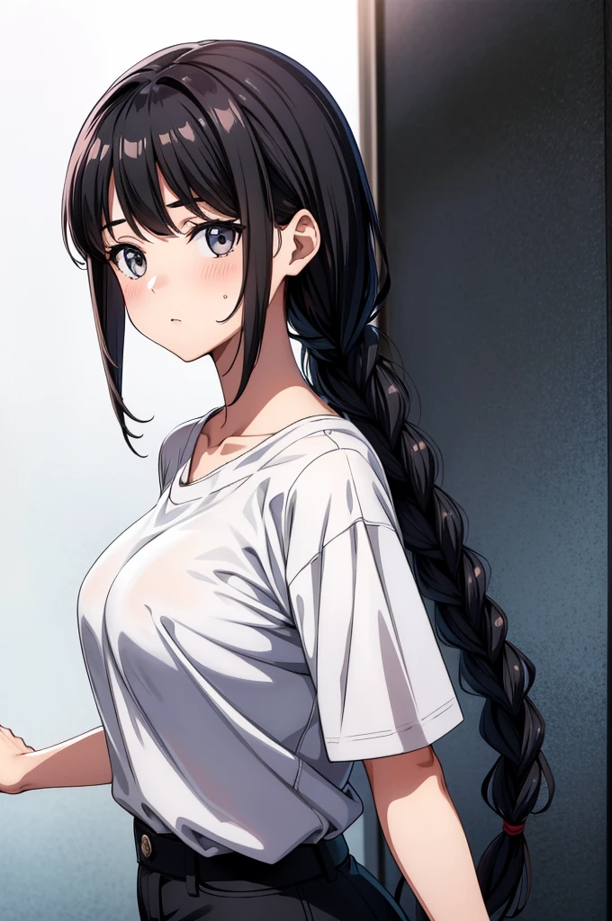 an anime girl standing with short black hair staring at a camera in black and white, 1girl, solo, shorts, breasts, monochrome, twin braids, greyscale, braid, shirt, looking at viewer, short sleeves, large breasts, hat, collarbone, long hair, blush, shirt tucked in