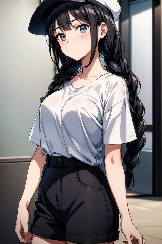 an anime girl standing with short black hair staring at a camera in black and white, 1girl, solo, shorts, breasts, monochrome, twin braids, greyscale, braid, shirt, looking at viewer, short sleeves, large breasts, hat, collarbone, long hair, blush, shirt tucked in