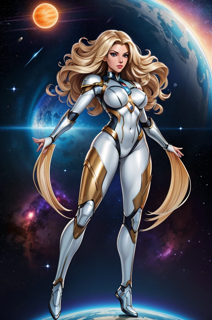 best quality, masterpiece, woman space super hero, beautiful face,full body,hi-tech armour over silver latex suit, long curly blonde hair,flying in super hero pose in deep space, with several planets and suns in the background
