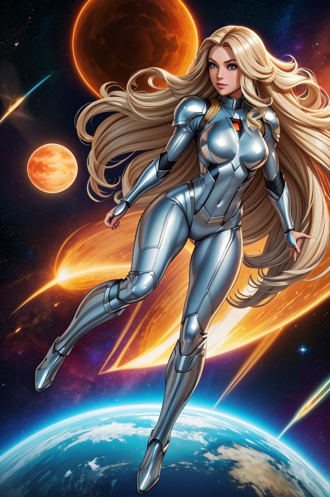 best quality, masterpiece, woman space super hero, beautiful face,full body,hi-tech armour over silver latex suit, long curly blonde hair,flying in super hero pose in deep space, with several planets and suns in the background
