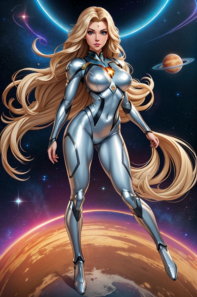 best quality, masterpiece, woman space super hero, beautiful face,full body,hi-tech armour over silver latex suit, long curly blonde hair,flying in super hero pose in deep space, with several planets and suns in the background
