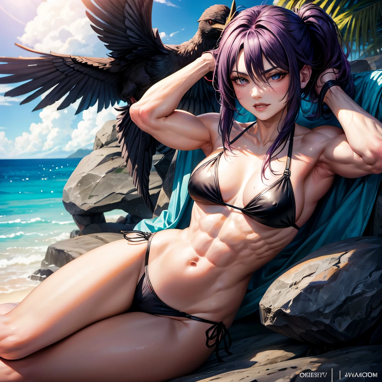 Muscular raven in bikini 