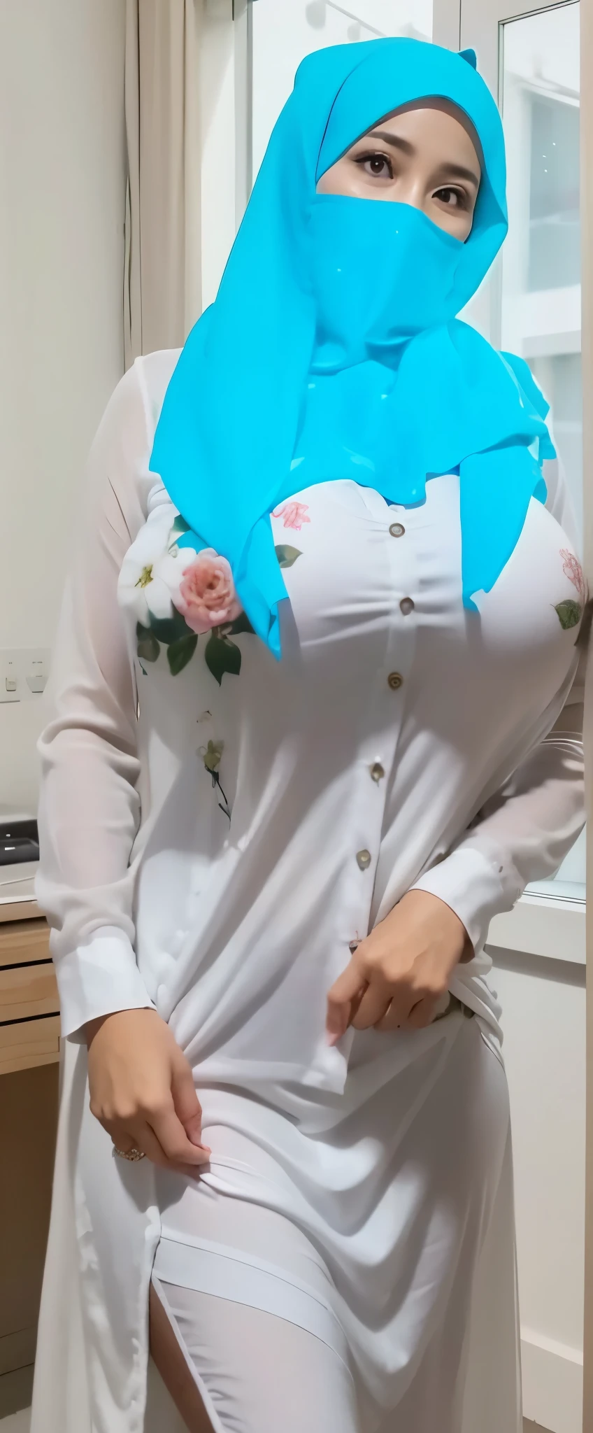 50 years Old, Hijab Indonesian mature woman, Big Tits : 66.9, Gamis, Breast out from her clothes : 1.9, at doctor office, Dark light, at Nighttime