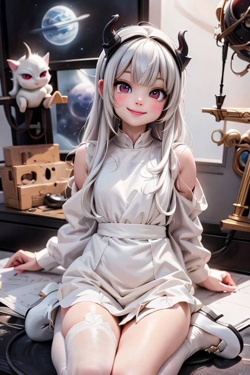 masterpiece, best quality, a space horned demon smiling, (white mary janes)