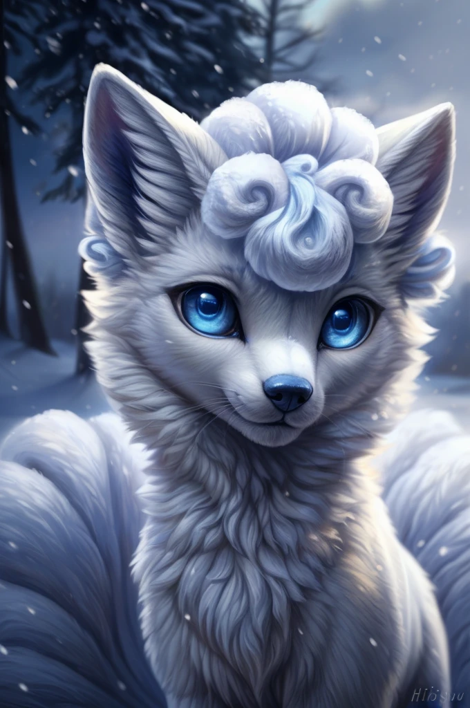 Beautiful Furry art, slim, feral, cute, realistic, sky blue eyes, white fur, one white fox, (alolan vulpix), fluffy, high quality,(by hioshiru), snow, more snow, winter background, bokeh, masterpiece, breathtaking, realistic oil painting, 